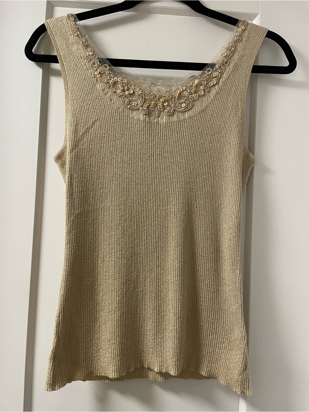 Nygard Collection Gold Metallic  Lace-Trim Ribbed Tank Top - Feminine Scoop Neck